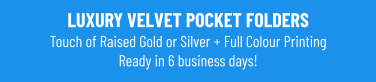 LUXURY VELVET POCKET FOLDERSTouch of Raised Gold or Silver + Full Colour Printing Ready in 6 business days!