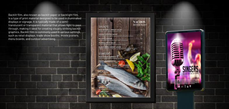 Backlit film, also known as backlit paper or backlight film, is a type of print material designed to be used in illuminated displays or signage. It is typically made of a semi-translucent or transparent material that allows light to pass through, making it ideal for creating visually striking backlit graphics. Backlit film is commonly used in various settings, such as retail displays, trade show booths, movie posters, menu boards, and outdoor advertising.