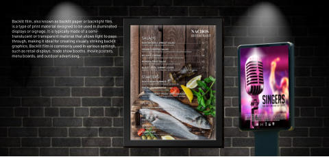 Backlit film, also known as backlit paper or backlight film, is a type of print material designed to be used in illuminated displays or signage. It is typically made of a semi-translucent or transparent material that allows light to pass through, making it ideal for creating visually striking backlit graphics. Backlit film is commonly used in various settings, such as retail displays, trade show booths, movie posters, menu boards, and outdoor advertising.