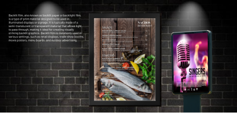 Backlit film, also known as backlit paper or backlight film, is a type of print material designed to be used in illuminated displays or signage. It is typically made of a semi-translucent or transparent material that allows light to pass through, making it ideal for creating visually striking backlit graphics. Backlit film is commonly used in various settings, such as retail displays, trade show booths, movie posters, menu boards, and outdoor advertising.