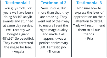 Testimonial 1 You guys rock. For years we have been doing 8”x10” acrylic awards and stunned at same day service. Well recently we bought a giant 48”x96”. So beautiful. They even corrected the image for free. - Angela Testimonial 2 Very unique. But more than that, they are amazing. They went out of their way to ensure I sent the right image quality and made it all happen. It was a perfect anniversary gift. Fantastic job. - Thomas Testimonial 3 Not sure how to express the level of appreciation on their attention to detail. Truly will recommend them to all our friends. - Pria