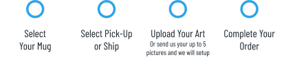 Select Your Mug Select Pick-Upor Ship Upload Your ArtOr send us your up to 5 pictures and we will setup Complete YourOrder