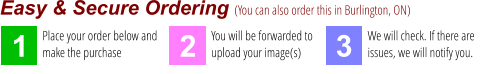 1 Place your order below and make the purchase 2 You will be forwarded to upload your image(s) 3 We will check. If there are issues, we will notify you. Easy & Secure Ordering (You can also order this in Burlington, ON)